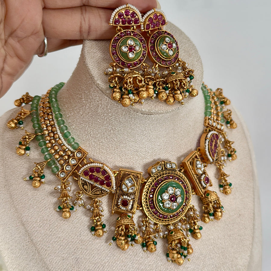 Mint & Ruby Antique Gold Heritage Necklace Set