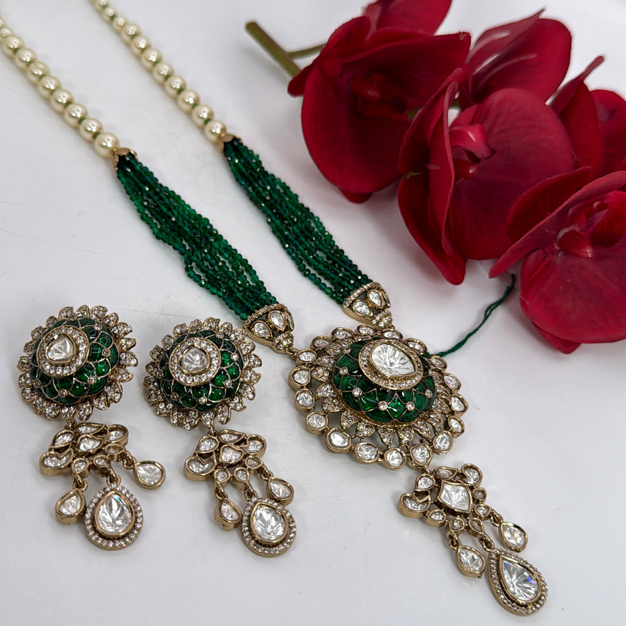 Green Jadau Moissanite Long Necklace Set