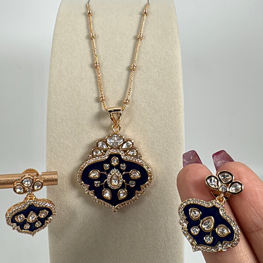 Blue Meenakari Polki Kundan Pendant Necklace Set