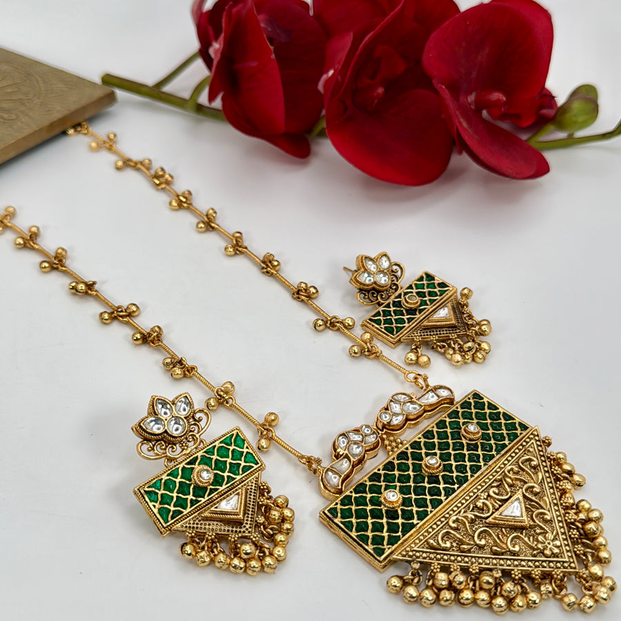 Green Jadau Apala Inspired Antique Gold Ghungroo Long Necklace Set