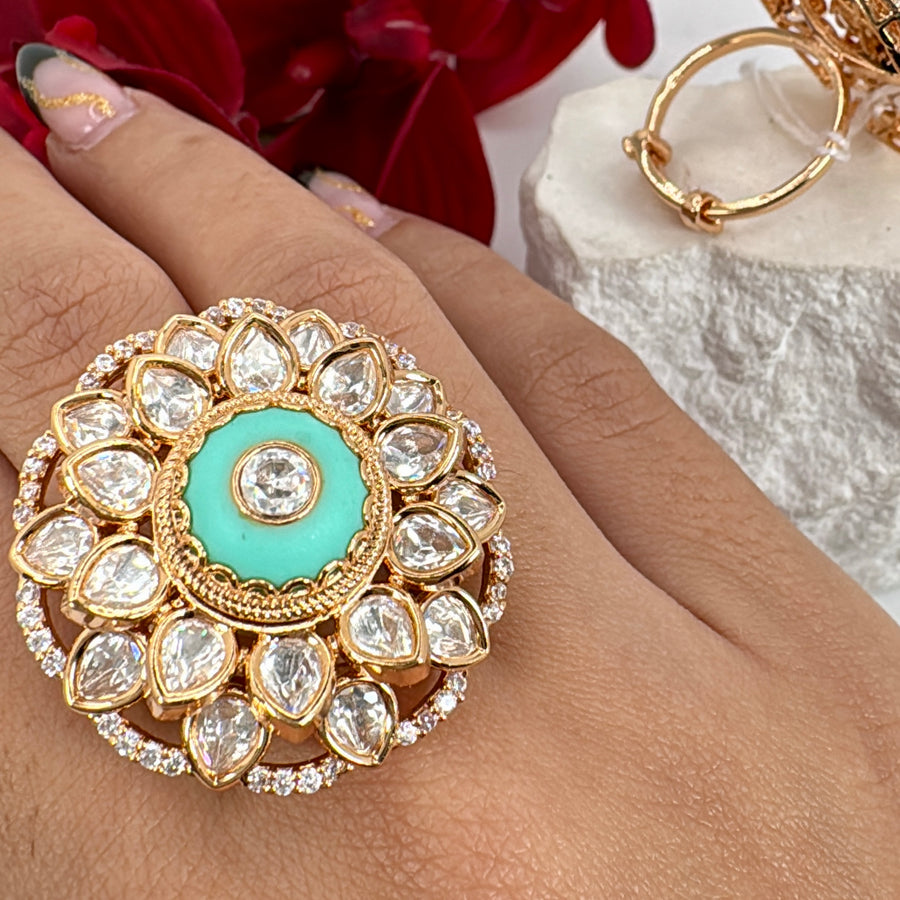 Turquoise Polki Kundan Adjustable Statement Finger Ring