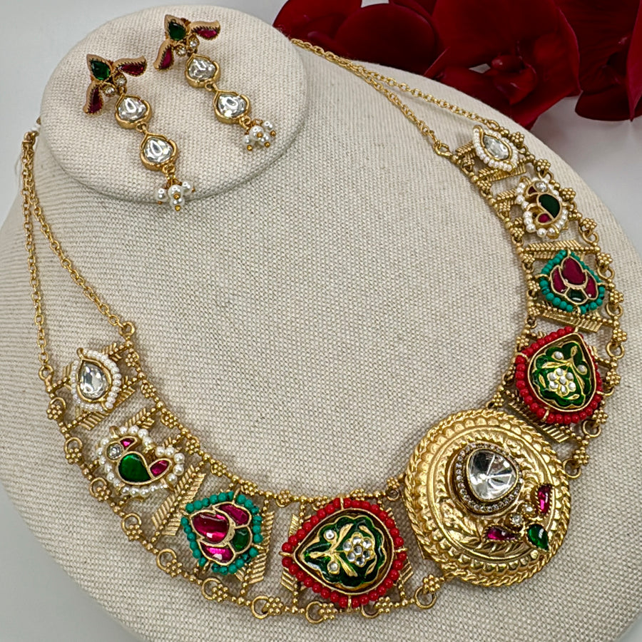 Multi Silver Lookalike Gold Paachi Motifs Fusion Necklace Set