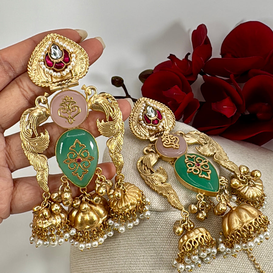 Mint & Pink Silver Lookalike Jhumka Earrings