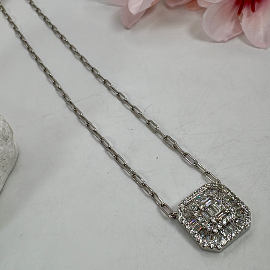 Clear Italian Cubic Zirconia American Diamonda Square Pendant Necklace