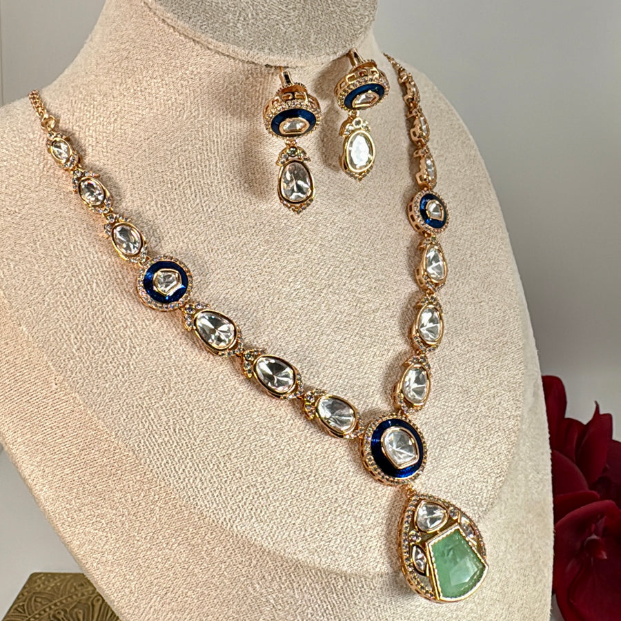 Mint Doublet & Blue Meenakari Dainty Polki Necklace Set