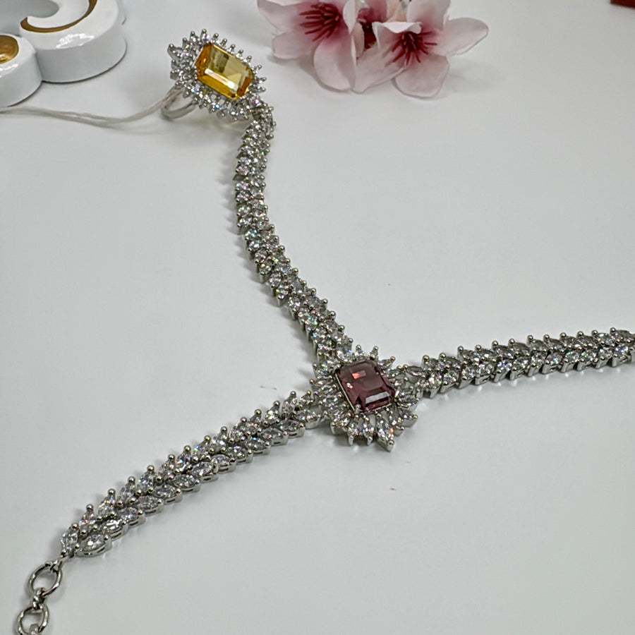 Yellow & Amethyst American Diamonds CZ Adjustable Finger Bracelet