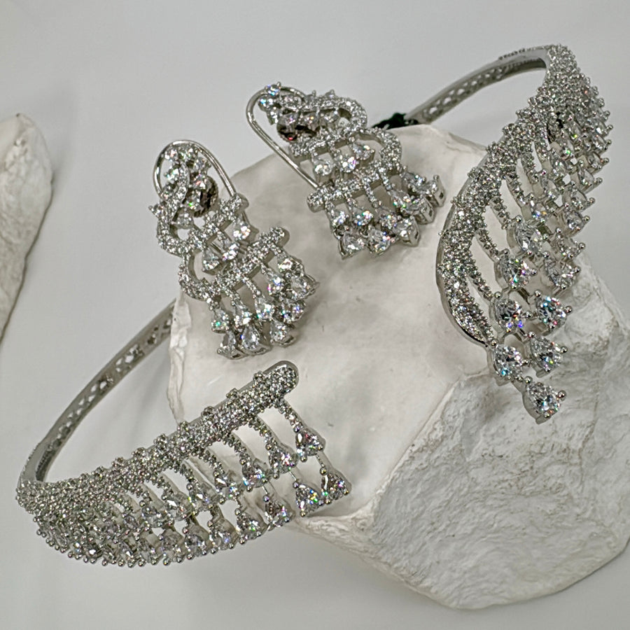 Clear AAA Cut Cubic Zirconia Rhodium Plated Chic Collar Choker Necklace Set