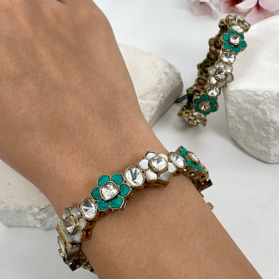 Turquoise Moissanite Jadau Openable Bangle Pair(Size 2.4)