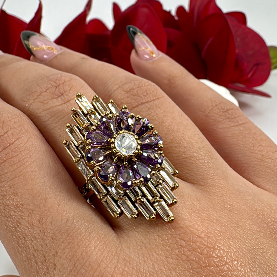 Purple American Diamonds Cubic Zorconia Gold Adjustable Finger Ring