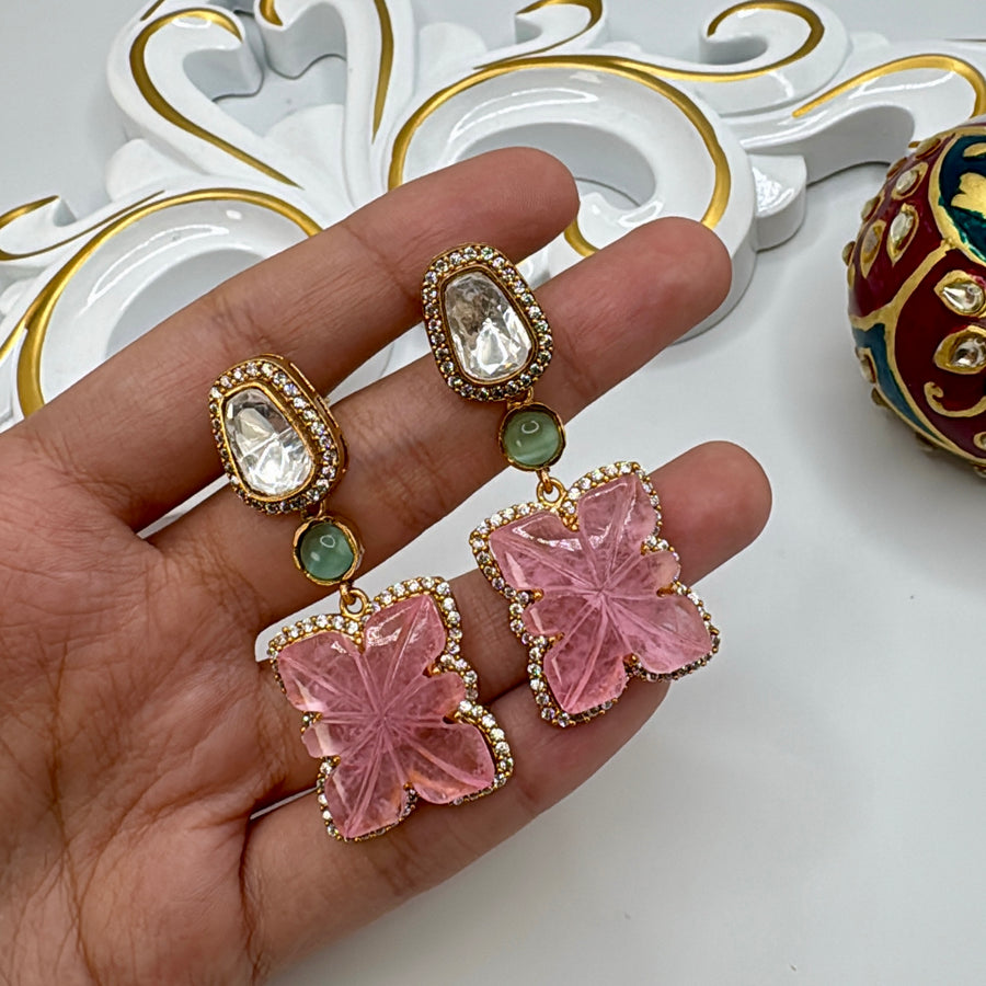 Pink Doublet & Moissanite Kundan Earrings