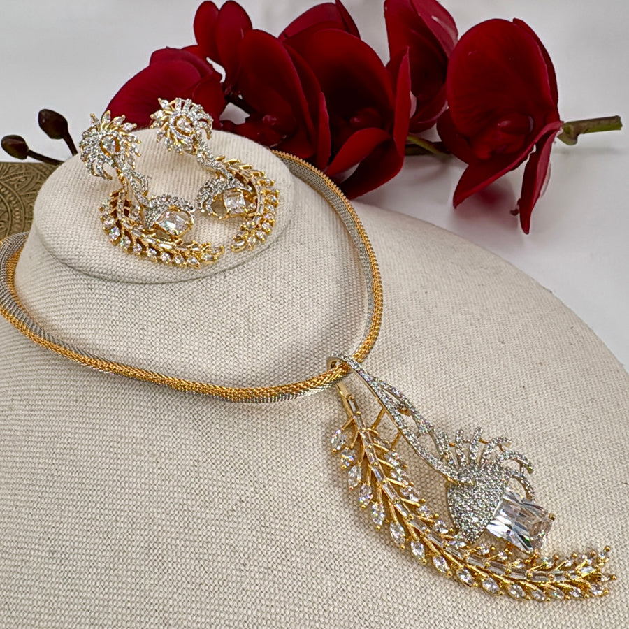 Clear AAA Cut Cubic Zirconia 24 Carat Gold Plated Statement Pendant Necklace Set