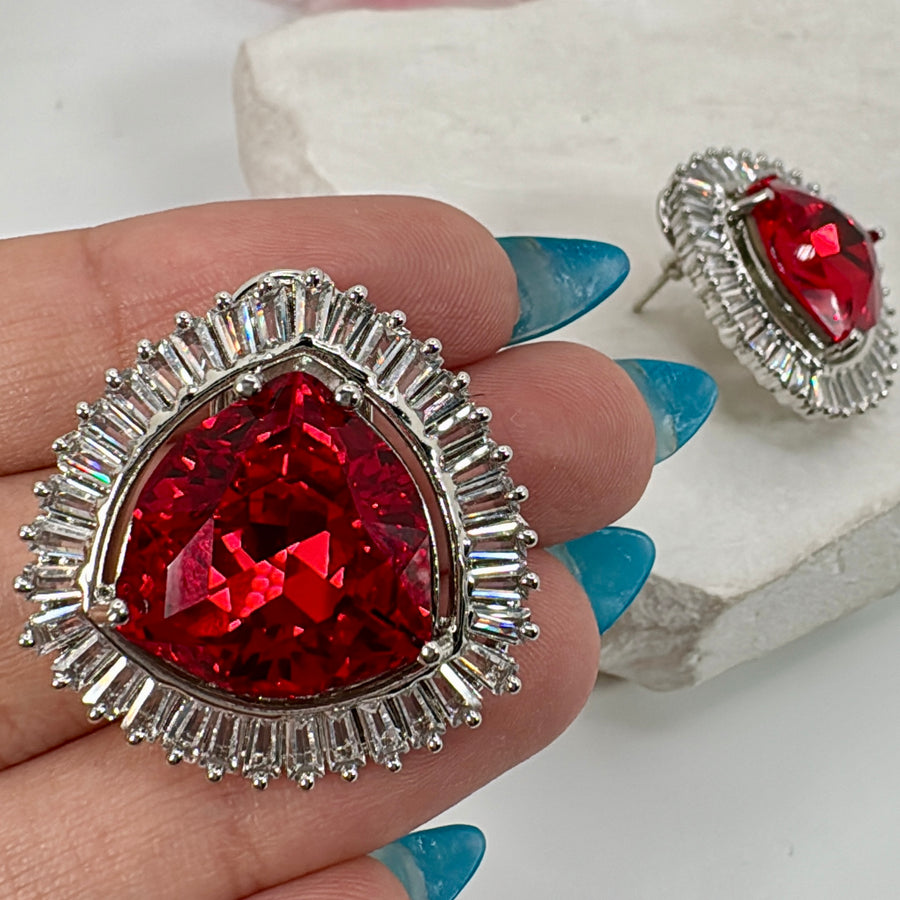 Red Swarovski Crystals & Baguette American Diamonds Cubic Zirconia Stud Earrings