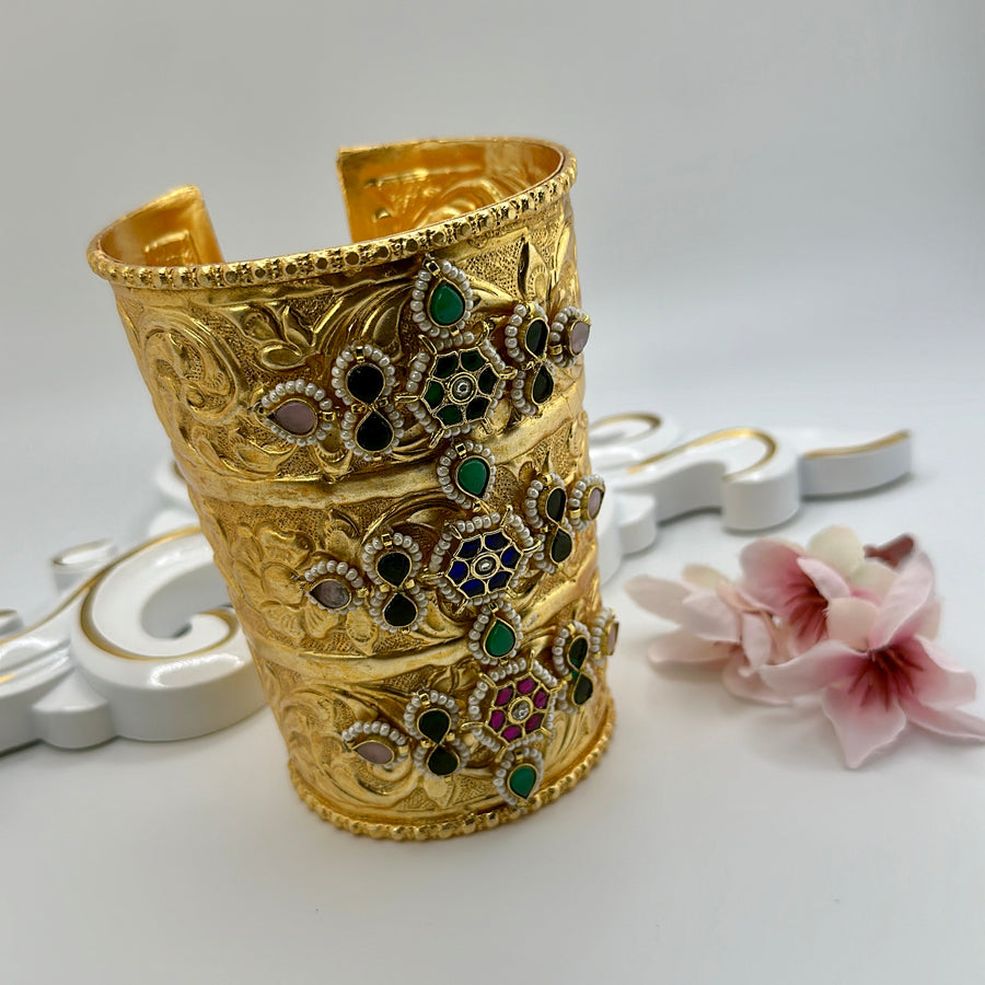 Multi Antique Gold With Green Paachi Kundan Statement Cuff(One Size Fits All)