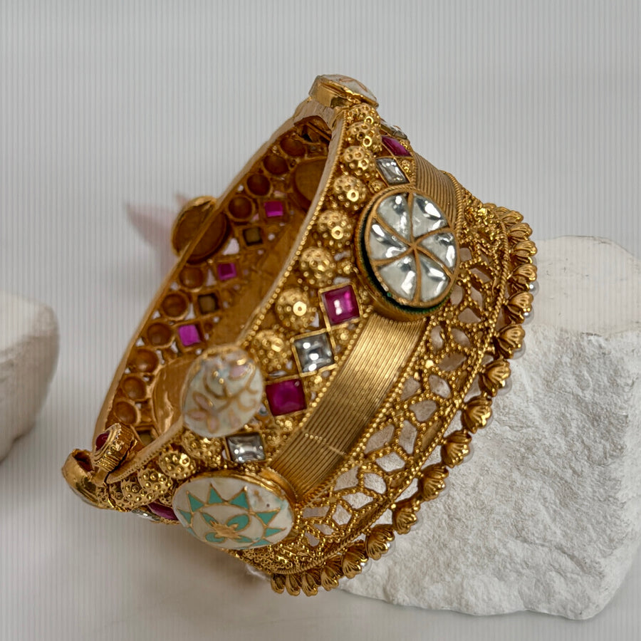 Ruby Antique Gold With Meenakari Statement Openable Bangle(Fits Size 2.4-2.6)