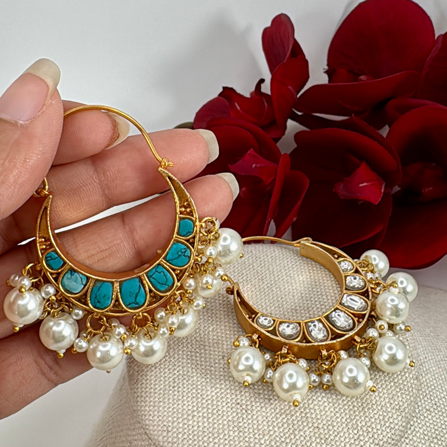 Turquoise Jadau Moissanite Reversible Chand Bali Earrings