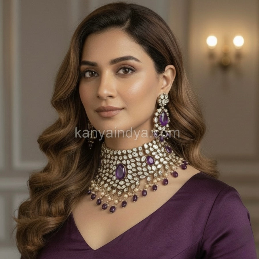 Purple Moissanite Statement Necklace Set