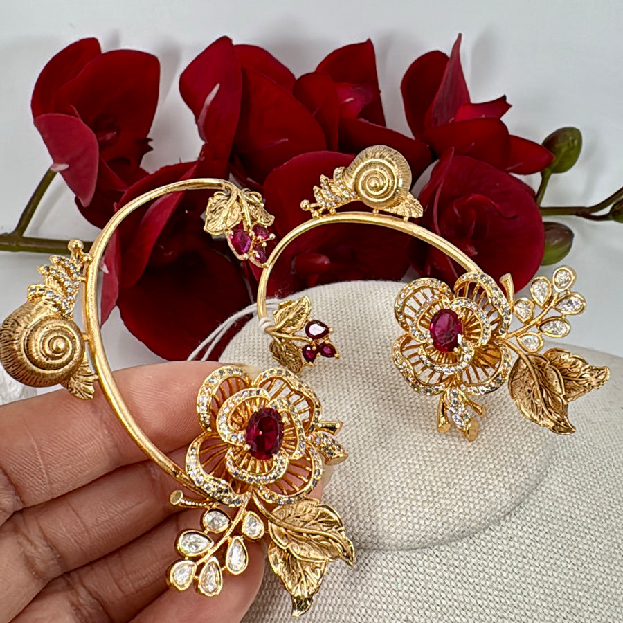 Ruby Moissanite Flower Cuff Earrings