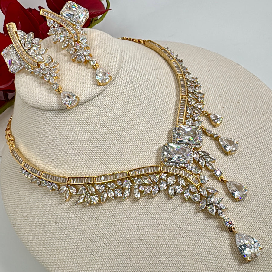 Clear AAA Cut Cubic Zirconia 24 Gold Plated Necklace Set