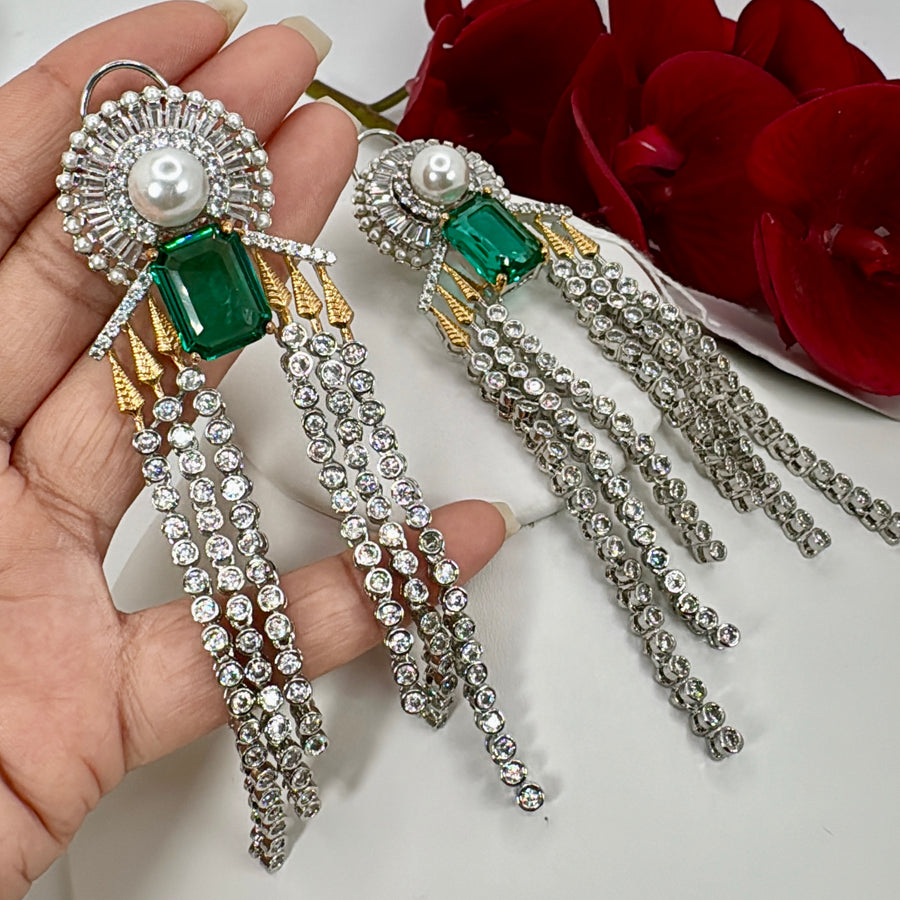 Teal Green Pearl Baguette American Diamonds Statement Earrings
