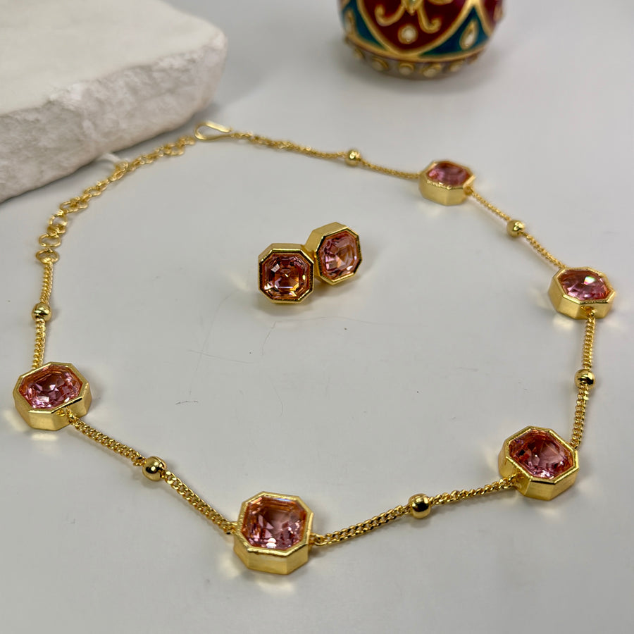 Pink Swarovski Crystals Dainty Necklace Set