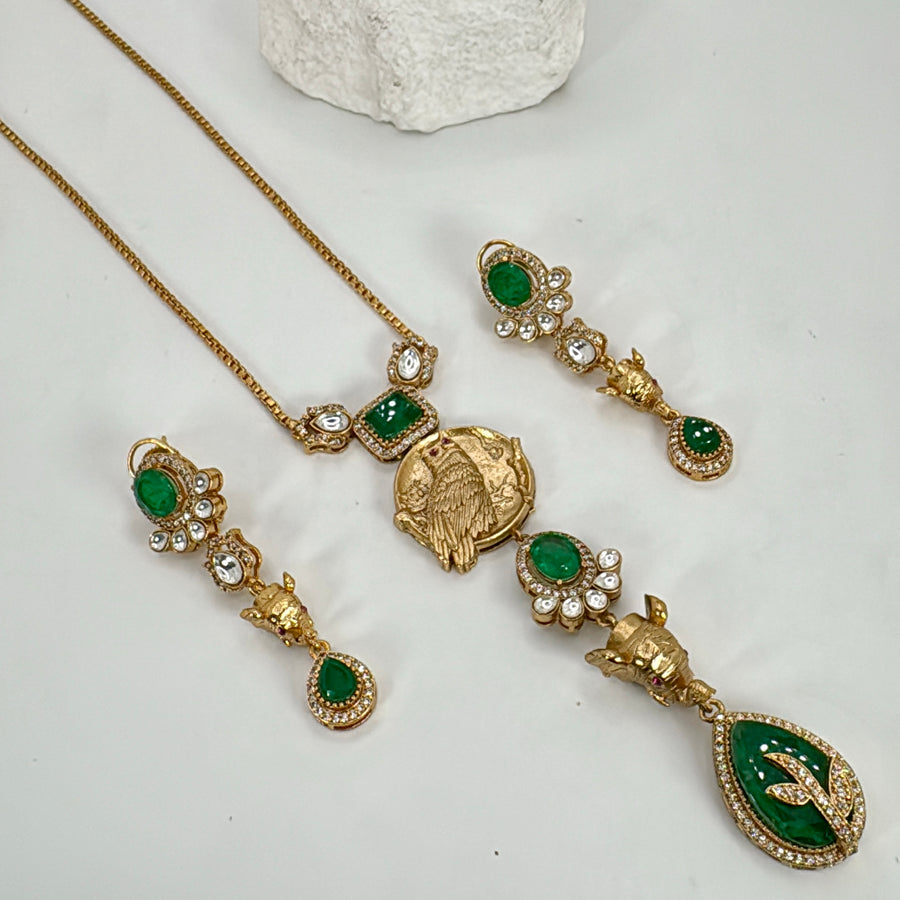 Green Sabya Inspired Gold Long Pendant Necklace Set