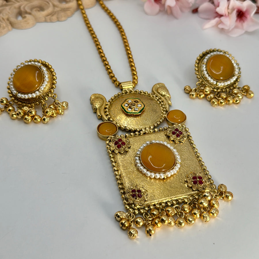 Yellow & Gold Silver Lookalike Pendant Long Necklace Set