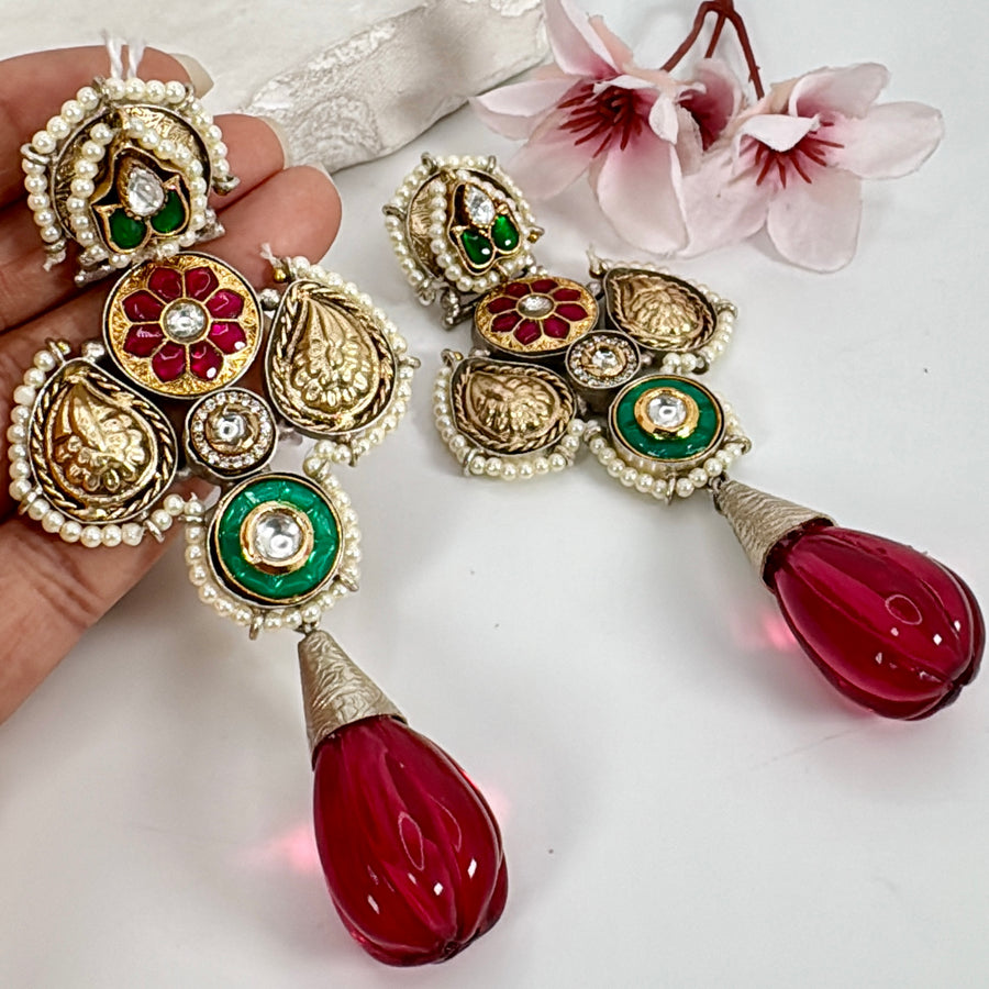 Ruby Multi Silver Lookalike Dual Tone Earrings