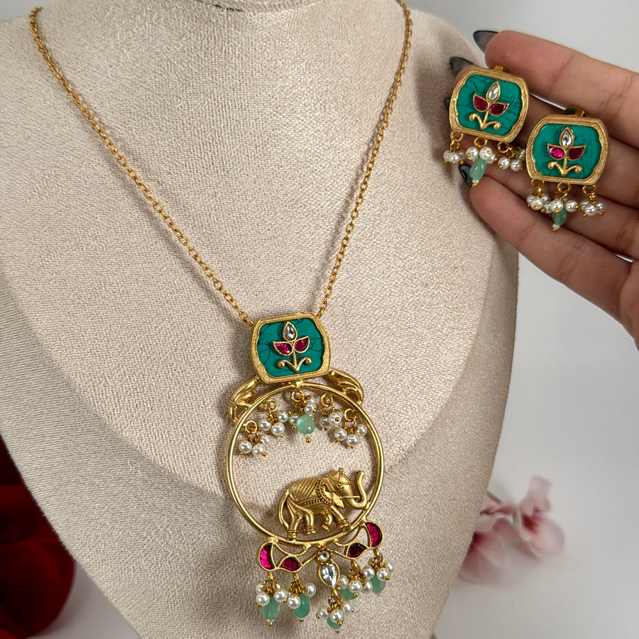 Turquoise Silver Lookalike Gold Elephant Pendant Necklace Set