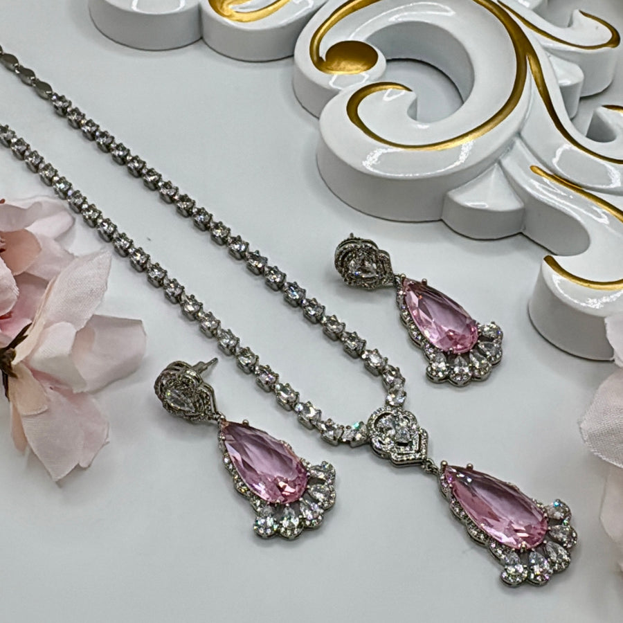 Pink Dainty Doublet American Diamonds Necklace Set