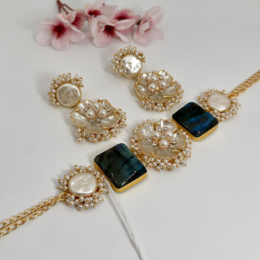 Blue MOP Flower Choker Set