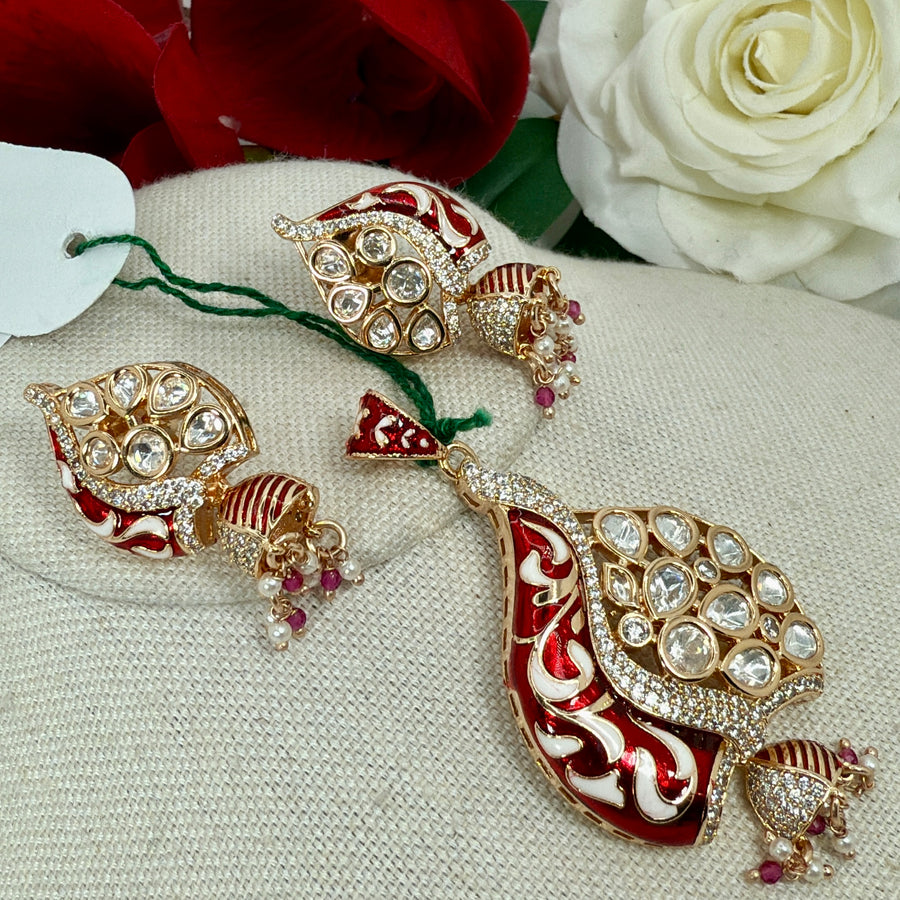 Red Meenakari Jadau Polki pendant Necklace Set