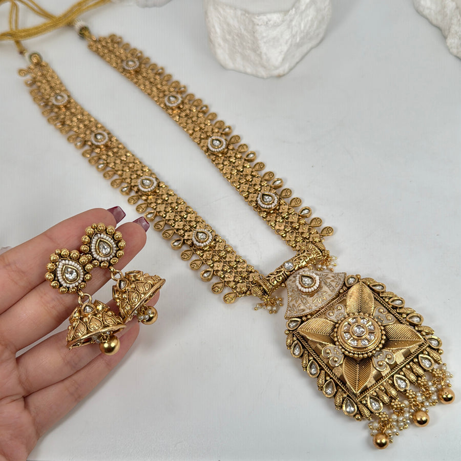 Clear Antique Gold Meenakari Kundan Long Necklace Set