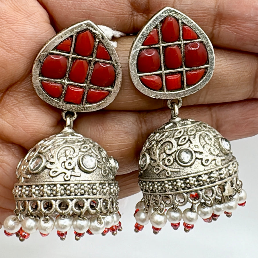 Red Silver Lookalike Dainty Jhumka