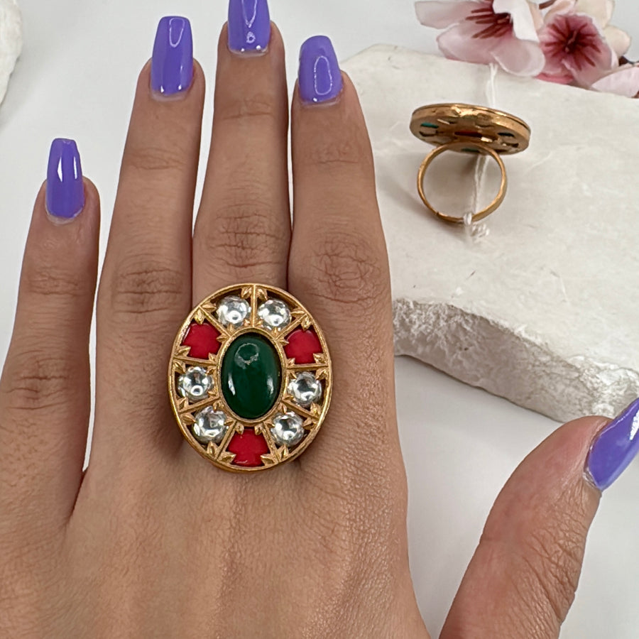 Green Multi Jadau Adjustable Finger Ring