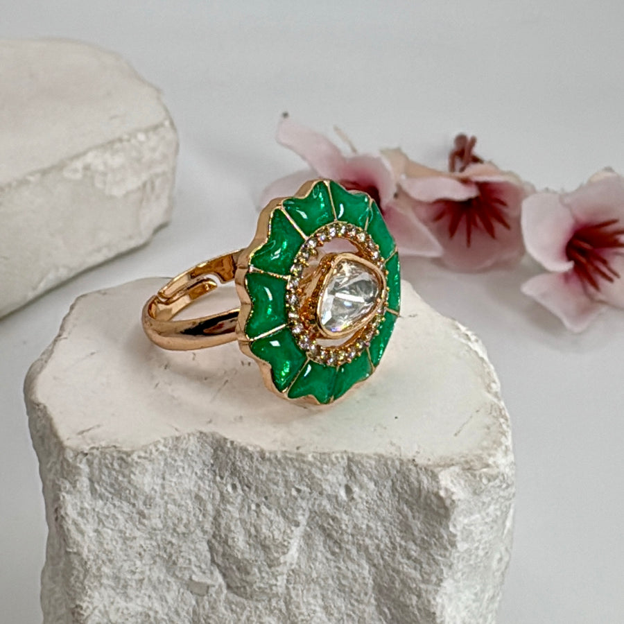 Teal Meenakari Moissanite Adjustable Finger Ring