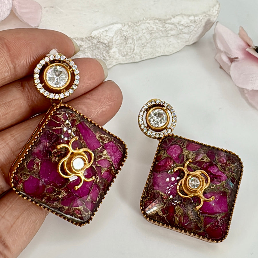 Hot Pink Ruby  Marble Stone Metallic Doublet Moissanite Earrings