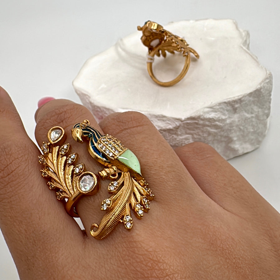 Mint Muti Meenakari Moissanite Adjustable Peacock Finger Ring