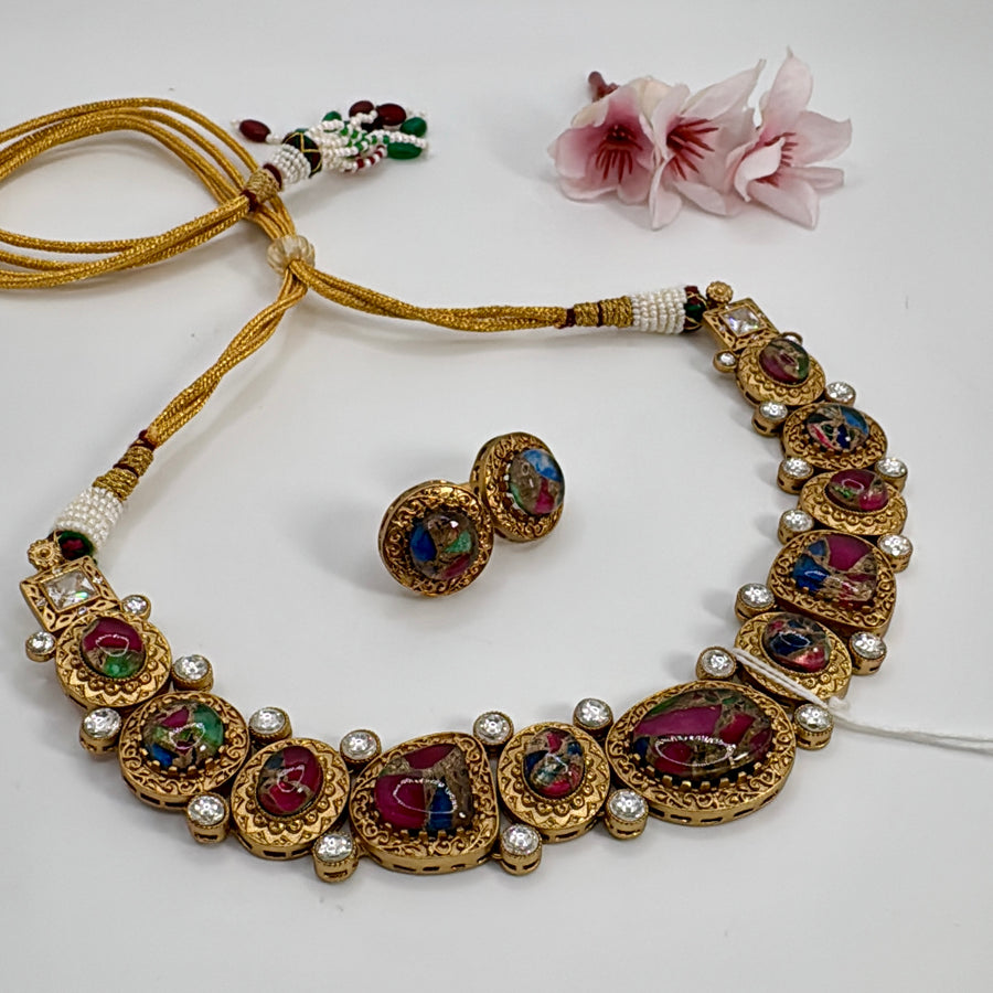 Multi Marble Stone Metallic Doublet Vintage Necklace Set