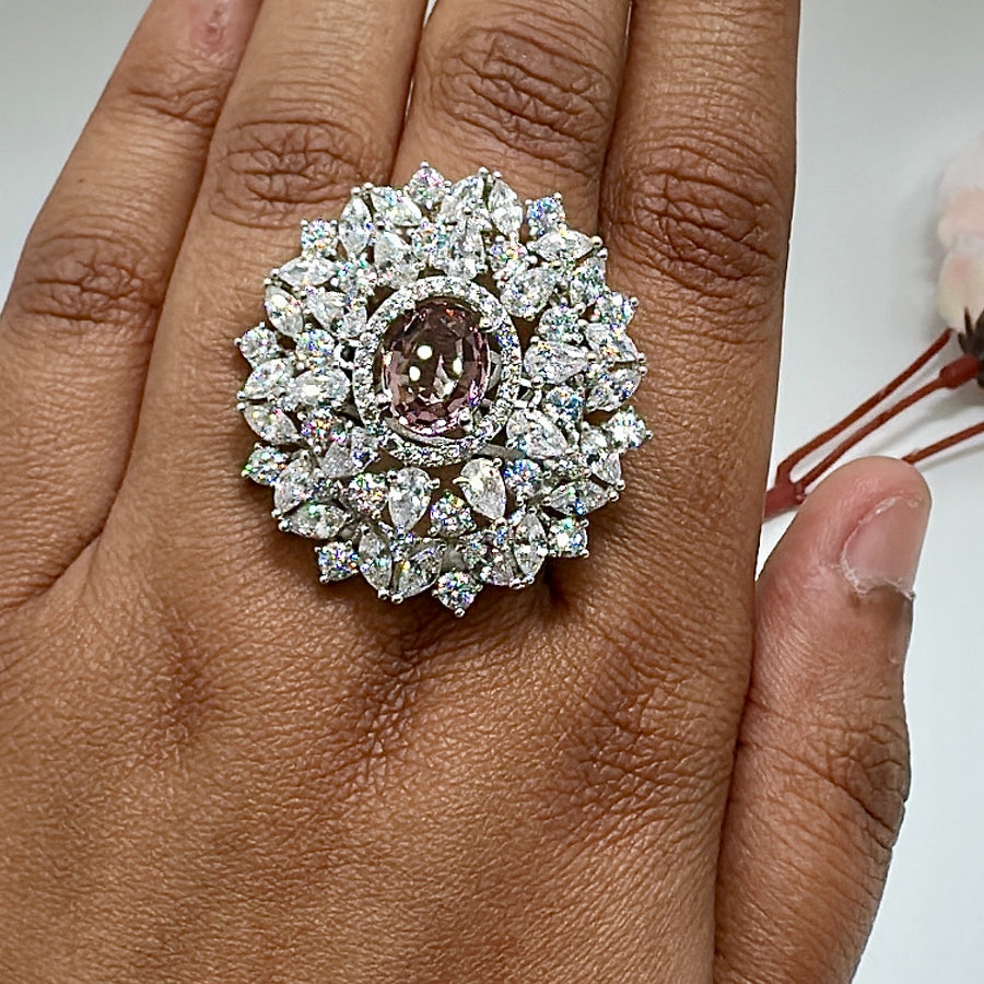 Pink Deep American Diamonds CZ Adjustable Cocktail Finger Ring