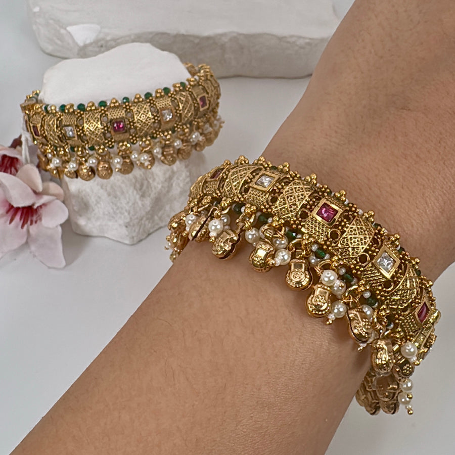 Multi Antique Gold Openable Bangle Pair(Size 2.4)