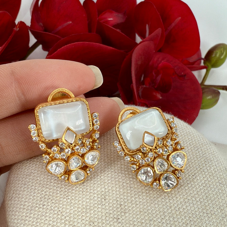 White MOP Doublet Moissanite Stud Earrings