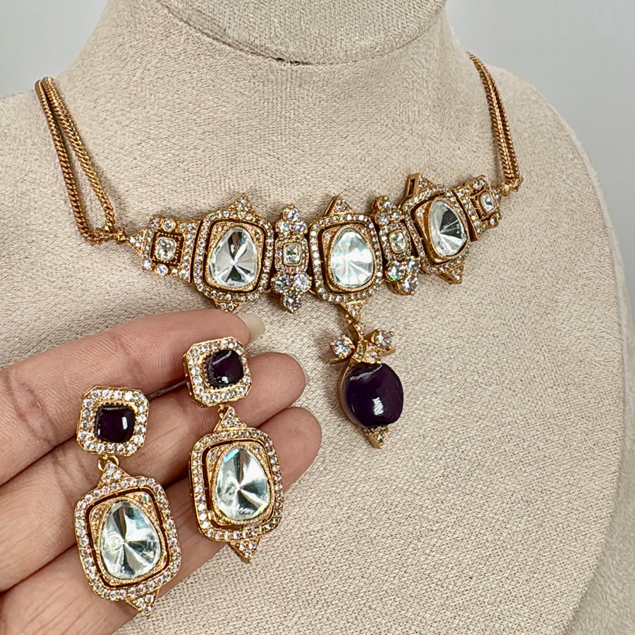 Dark Purple Doublet Moissanite Choker Necklace Set