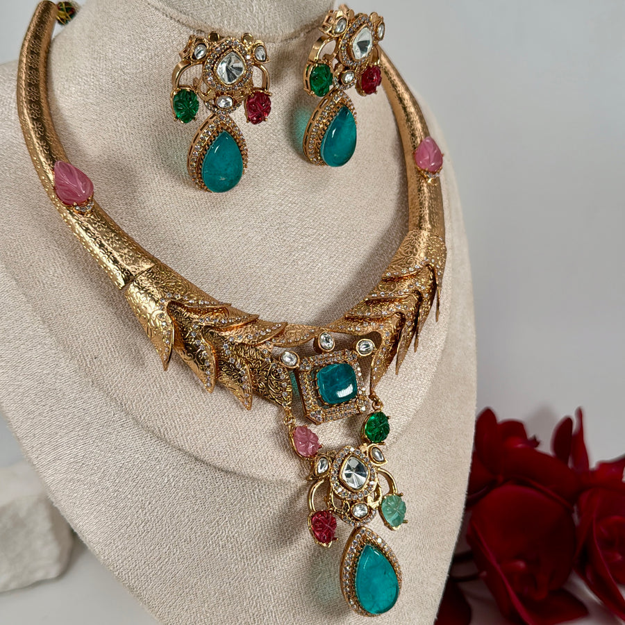 Turquoise& Pink Chic Moissanite Hasli Necklace Set