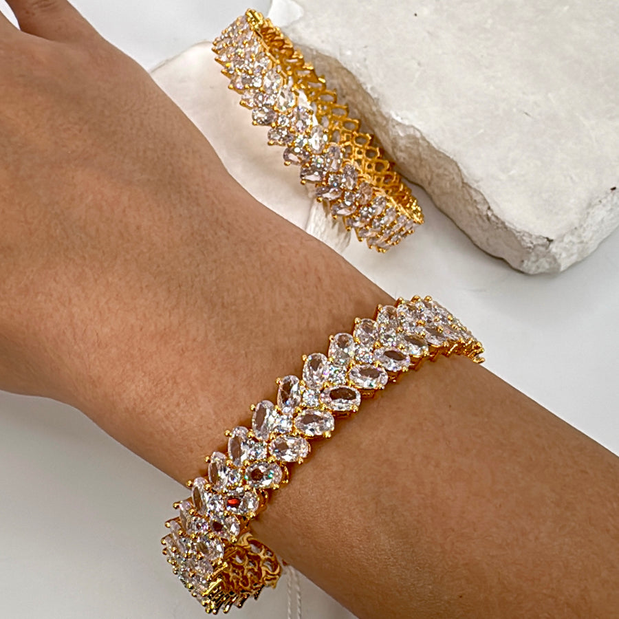 Clear AAA Cut Cubic Zirconia 24 Carat Gold Plated Non Openable Bangle Pair(Size 2.6)