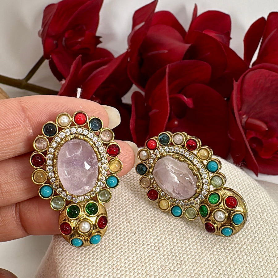 Purple Multi Marble Stone Stud Earrings