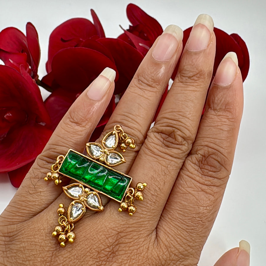 Green Jadau Silver Lookalike Gold Adjustable Finger Ring