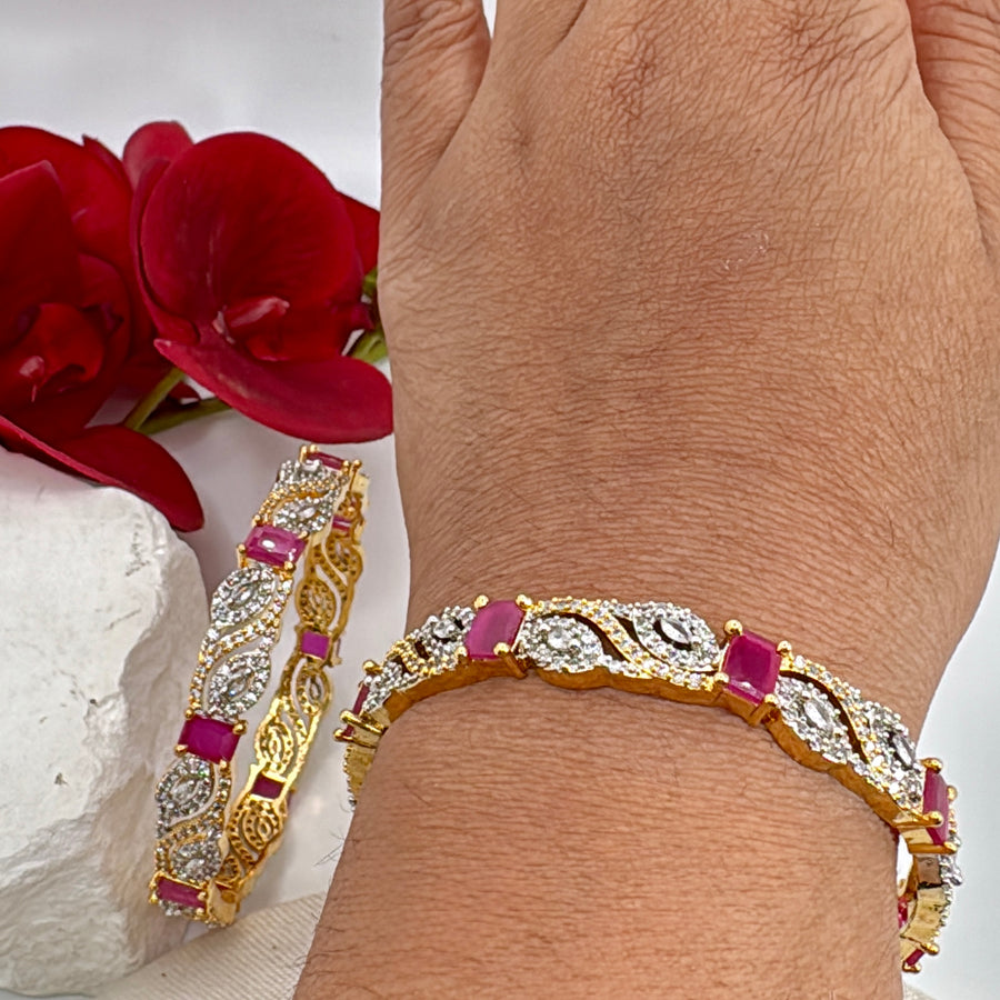 Ruby AAA Cut Cubic Zirconia 24 Carat Gold Plated Non Openable Bangle Pair(Size 2.6)