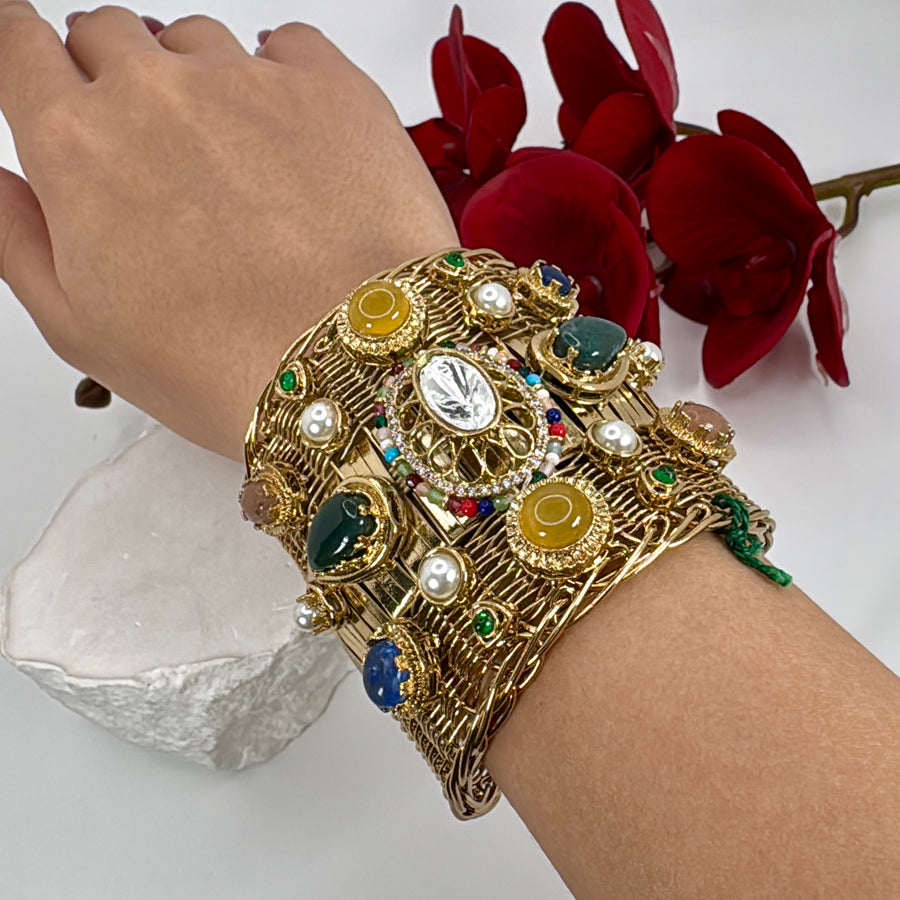 Multi Yellow Marble Stone Silver Lookalike Gold Paachi Motifs Fusion Adjustable Cuff Bangle(One Size Fits All)