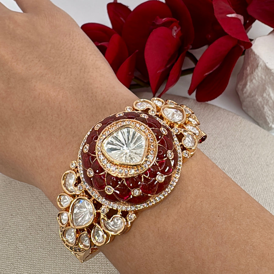 Ruby Jadau Moissanite Adjustable Bangle(Fits Size 2.2-2.6)