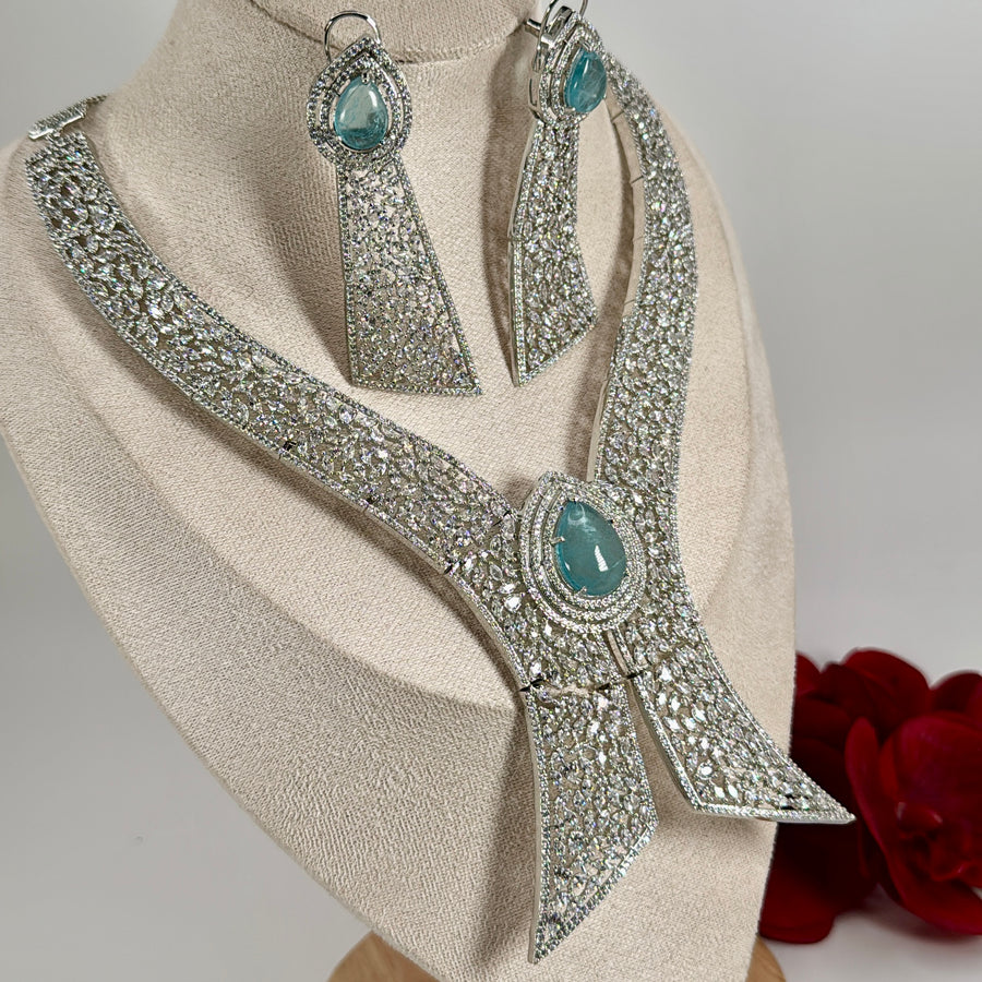 Aqua Blue Cubic Zirconia Statement Necklace Set